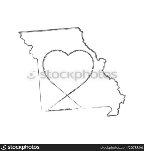 Missouri US state hand drawn pencil sketch outline map with heart shape. Continuous line drawing of patriotic home sign. A love for a small homeland. T-shirt print idea. Vector illustration.. Missouri US state hand drawn pencil sketch outline map with the handwritten heart shape. Vector illustration