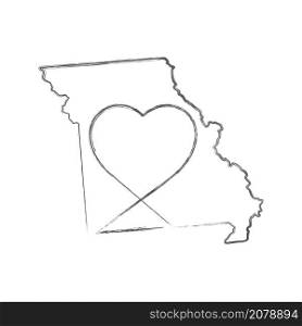 Missouri US state hand drawn pencil sketch outline map with heart shape. Continuous line drawing of patriotic home sign. A love for a small homeland. T-shirt print idea. Vector illustration.. Missouri US state hand drawn pencil sketch outline map with the handwritten heart shape. Vector illustration