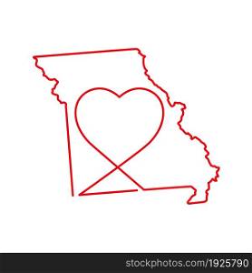 Missouri US state red outline map with the handwritten heart shape. Continuous line drawing of patriotic home sign. A love for a small homeland. T-shirt print idea. Vector illustration.. Missouri US state red outline map with the handwritten heart shape. Vector illustration
