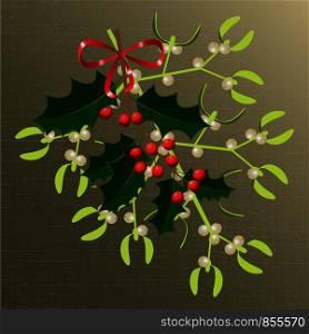 Mistletoe and Holly. Vector illustration. Branches with berries. Red satin bow. New Year, Christmas. Traditional symbols. Grunge background. Mistletoe and Holly. Vector illustration. Branches with berries. Red satin bow. New Year, Christmas. Traditional symbols. Grunge background.