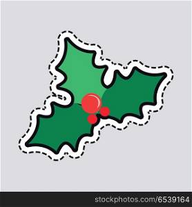 Mistletoe Christmas Tree. Some Red Bubbles. Patch. Mistletoe Christmas tree with red balls top view. Green branches of pine. Cut out of paper. Simple cartoon style. part of evergreen tree. Front view. Patch New Year. Flat design. Vector illustration