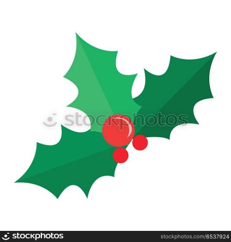 Mistletoe Christmas Tree. Some Red Bubbles. Vector. Mistletoe Christmas tree with red balls. Green branches of pine. Simple cartoon style. Part of evergreen tree. Comic illustration in 80s 90s style. Patch New Year. Flat design. Vector illustration