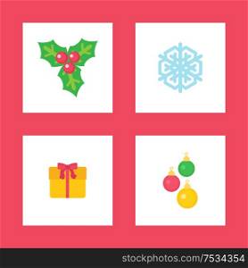 Mistletoe plant symbolic image of Christmas winter holiday isolated icons vector. Snowflake ice, baubles decorative elements, present giftbox with bow. Mistletoe Plant Symbolic Image Christmas Holiday