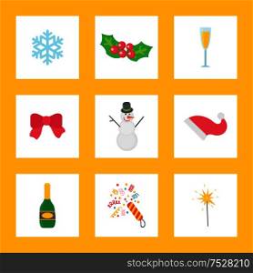 Mistletoe plant with leaves and berries Christmas isolated icons set vector. Champagne bottle celebration bottle, Santa Claus hat, confetti and star. Mistletoe Plant with Leaves Berries Christmas Set