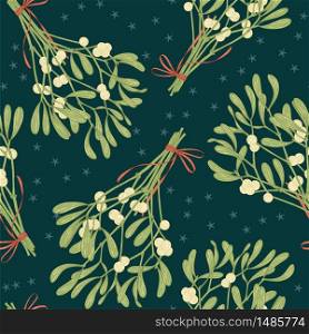 Mistletoe retro seamless pattern. New year decoration, Christmas greeting card. Festive traditional Christmas vector background.