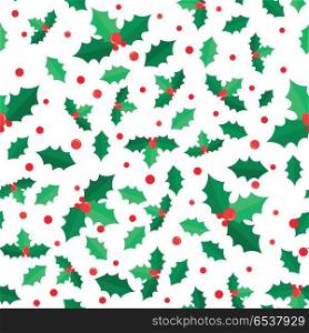 Mistletoe Tree with Red Balls Seamless Pattern. Mistletoe Christmas tree with red balls seamless pattern. Green branches of pine. Simple cartoon style. Evergreen tree. Wallpaper design endless texture. New Year. Flat design. Vector illustration