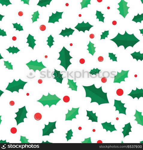 Mistletoe Tree with Red Balls Seamless Pattern.. Mistletoe Christmas tree with red balls seamless pattern. Green branches. Simple cartoon style. Part of evergreen tree. Wallpaper design endless texture. New Year. Flat design. Vector illustration