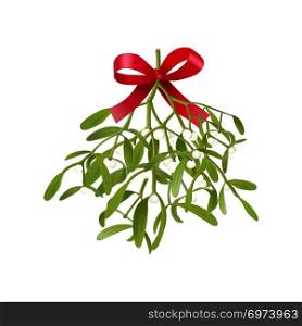 Mistletoe. Vector illustration of hanging fluffy mistletoe sprigs with berries and red bow isolated on white background for Christmas cards and decorative design.. Mistletoe. Vector illustration of hanging fluffy mistletoe sprigs with berries and red bow