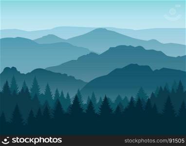 Misty blue mountain silhouettes background. Vector misty or smokey blue mountain silhouettes background. Morning layered mountains with mist