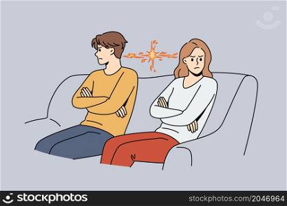 Misunderstanding and conflict in couple concept. Stressed angry couple woman and man sitting on sofa turning away from each other vector illustration . Misunderstanding and conflict in couple concept.