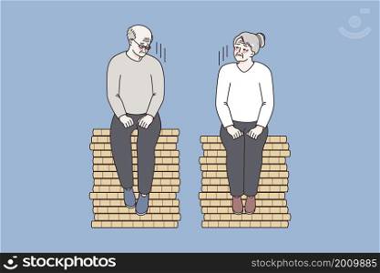 Misunderstanding and conflict in old couple concept. Elderly mature couple man and woman sitting on opposite stacks feeling lonely and sad vector illustration . Misunderstanding and conflict in old couple concept