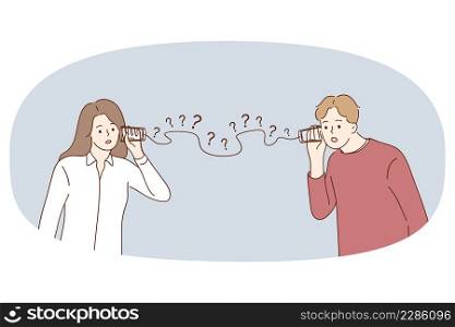Misunderstanding and problems in communication concept. Frustrated woman and man standing hearing in glasses trying to understand and listen to each other vector illustration . Misunderstanding and problems in communication concept.