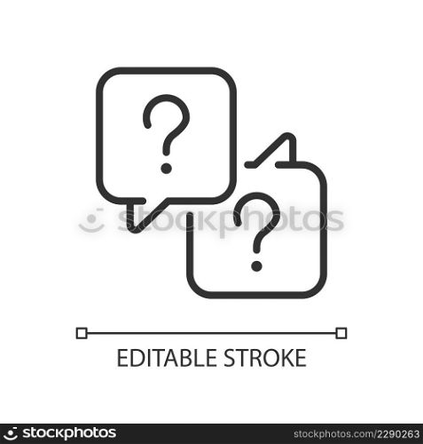 Misunderstanding linear icon. Communication issues. Speech balloons with question marks. Thin line illustration. Contour symbol. Vector outline drawing. Editable stroke. Arial font used. Misunderstanding linear icon
