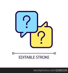 Misunderstanding RGB color icon. Communication issues. Speech balloons with question marks. Isolated vector illustration. Simple filled line drawing. Editable stroke. Arial font used. Misunderstanding RGB color icon