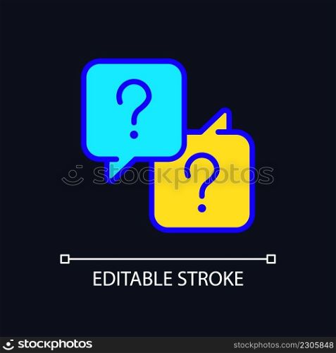 Misunderstanding RGB color icon for dark theme. Communication issues. Speech balloons with question marks. Simple filled line drawing on night mode background. Editable stroke. Arial font used. Misunderstanding RGB color icon for dark theme