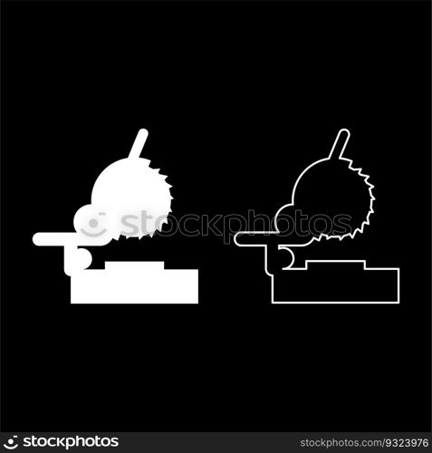 Miter saw bench steel cut off machine carpentry workshop concept set icon white color vector illustration image simple solid fill outline contour line thin flat style. Miter saw bench steel cut off machine carpentry workshop concept set icon white color vector illustration image solid fill outline contour line thin flat style
