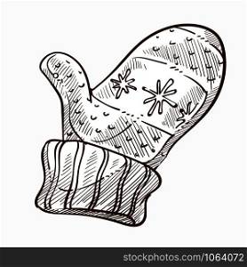 Mitten to wear in cold winter seasons isolated icon vector monochrome sketch outline of glove decorated with dotted pattern and snowflakes floral elements warm clothing accessory knitted and embroidered.. Mitten to wear in cold winter seasons isolated icon
