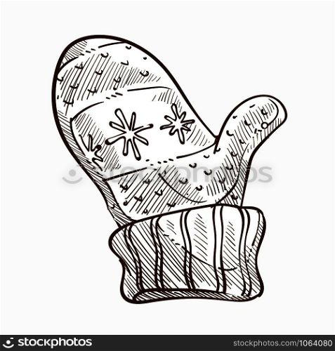 Mitten to wear in cold winter seasons isolated icon vector monochrome sketch outline of glove decorated with dotted pattern and snowflakes floral elements warm clothing accessory knitted and embroidered. Mitten to wear in cold winter seasons isolated icon