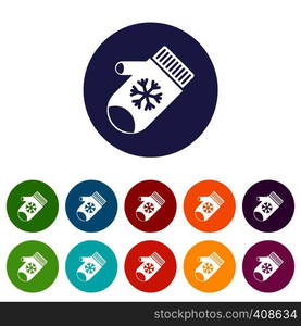 Mitten with snowflake set icons in different colors isolated on white background. Mitten with snowflake set icons