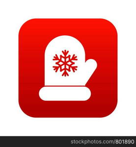 Mitten with white snowflake icon digital red for any design isolated on white vector illustration. Mitten with white snowflake icon digital red