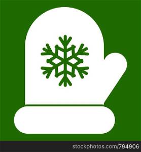 Mitten with white snowflake icon white isolated on green background. Vector illustration. Mitten with white snowflake icon green