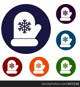 Mitten with white snowflake icons set in flat circle reb, blue and green color for web. Mitten with white snowflake icons set