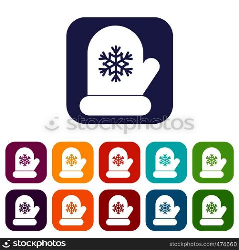 Mitten with white snowflake icons set vector illustration in flat style In colors red, blue, green and other. Mitten with white snowflake icons set