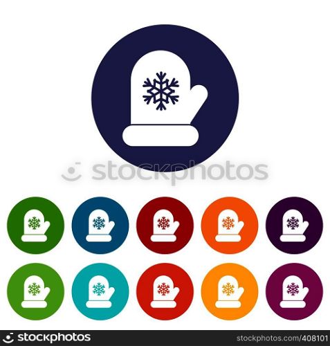 Mitten with white snowflake set icons in different colors isolated on white background. Mitten with white snowflake set icons