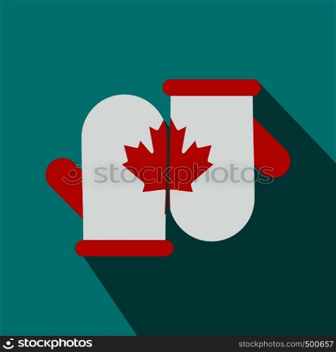 Mittens with a maple leaf icon in flat style on a blue background . Mittens with a maple leaf icon, flat style