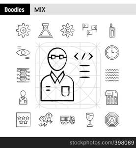 Mix Hand Drawn Icons Set For Infographics, Mobile UX/UI Kit And Print Design. Include: Cog, Gear, Settings, Setting, Flask, Lab, Test, Tube, Icon Set - Vector