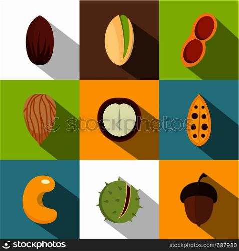 Mix of different nuts icons set. Flat set of 9 mix of different nuts vector icons for web with long shadow. Mix of different nuts icons set, flat style