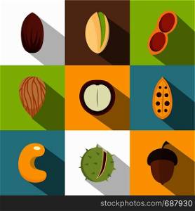 Mix of different nuts icons set. Flat set of 9 mix of different nuts vector icons for web with long shadow. Mix of different nuts icons set, flat style