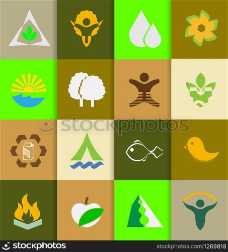 Mix of ecology and nature flat icons for creative design. Mix of ecology and nature flat icons