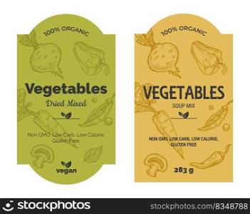 Mix of vegetables for cooking dishes, soups and salads. Preparing food, labels with organic and natural ingredients. Beetroot and pepper, mushroom and carrot emblems set. Vector in flat style. Vegetable dry mix for soup cooking and salads