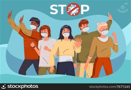 Mix race people protesting against coronavirus at turquoise background. People in medical masks call to stay at home, show stop gesture and protesting against covid-19. Crossed out sign with virus. Turquoise banner with people in medical masks call to stay at home during qurantine, world epidemic