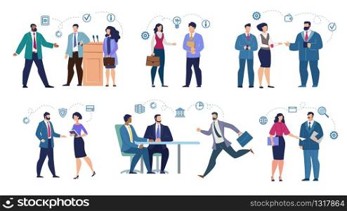 Mix Raced Businesspeople Flat Set in Various Business Situation. Multiracial Men and Women Meeting, Negotiating, Brainstorming, Rushing to Work. Office, Conference Hall Location. Vector Illustration. Mix Raced Businesspeople Set in Various Situation