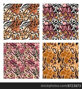 Mixed animal skin motifs pattern. Fusion fur print, safari mix texture and wild nature fashion seamless background set. Exotic african design for textile as zebra, giraffe, tiger and leopard. Mixed animal skin motifs pattern. Fusion fur print, safari mix texture and wild nature fashion seamless background set