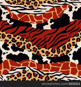 Mixed animal skin print. Safari textures mix, leopard, zebra and tiger skins patterns. Luxury animals texture, safari jungle wildlife texture prints or fur fabric seamless vector pattern. Mixed animal skin print. Safari textures mix, leopard, zebra and tiger skins patterns. Luxury animals texture seamless vector pattern