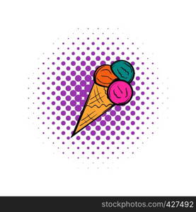 Mixed ice cream scoops in cone comics icon on a white background. Mixed ice cream scoops in cone comics icon