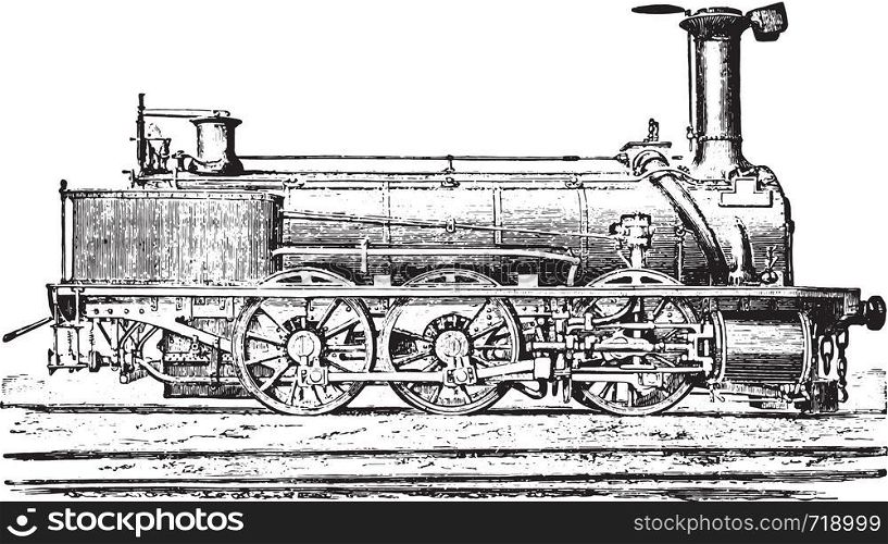 Mixed machine with three coupled axles for passenger trains and goods, vintage engraved illustration. Industrial encyclopedia E.-O. Lami - 1875.