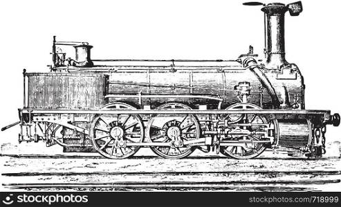 Mixed machine with three coupled axles for passenger trains and goods, vintage engraved illustration. Industrial encyclopedia E.-O. Lami - 1875.