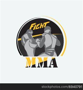 Mixed Martial Arts. Emblem for mixed martial arts. Two athletes in the pentagon are fighting. Contour drawing of silhouettes.