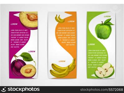 Mixed natural organic sweet fruits vertical banners collection of apple plum and banana for cafe dessert menu design template vector illustration