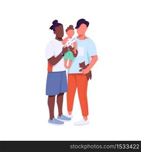 Mixed race family flat color vector faceless characters. African american and caucasian gay couple with child. Generation Z isolated cartoon illustration for web graphic design and animation. Mixed race family flat color vector faceless characters
