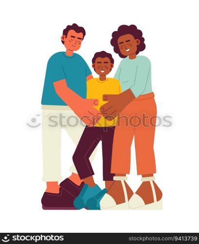Mixed race family hug candid flat vector spot illustration. Latino father and african american mom embracing son 2D cartoon characters on white for web UI design. Isolated editable creative hero image. Mixed race family hug candid flat vector spot illustration