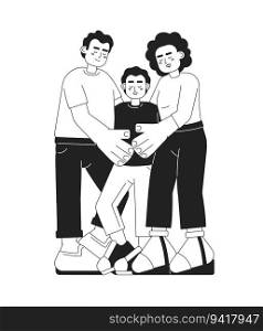 Mixed race family hug candid monochrome vector spot illustration. Latino father and american mom embracing son 2D flat bw cartoon characters for web UI design. Isolated editable hand drawn hero image. Mixed race family hug candid monochrome vector spot illustration