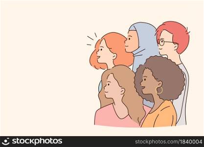 Mixed race group attention concept. Group of multi ethnic people girls and boys standing and looking away over light background, copy pace, vector illustration . Mixed race group attention concept.