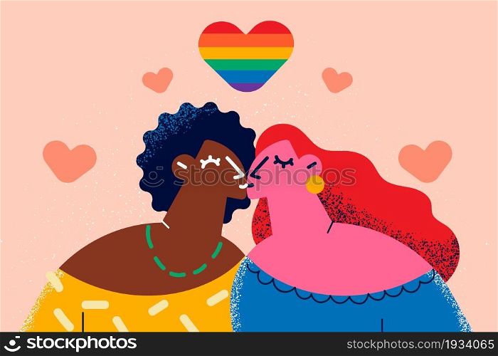 Mixed race lesbian love concept. Two young positive girls of different ethnics standing kissing with rainbow heart sign above vector illustration . Mixed race lesbian love concept