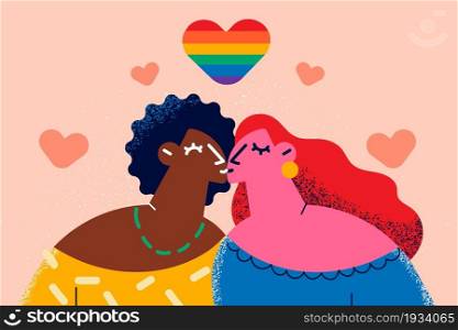 Mixed race lesbian love concept. Two young positive girls of different ethnics standing kissing with rainbow heart sign above vector illustration . Mixed race lesbian love concept