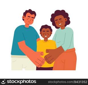 Mixed race parents with smiling son semi flat color vector characters. Family time. Two parents child. Editable half body people on white. Simple cartoon spot illustration for web graphic design. Mixed race parents with smiling son semi flat color vector characters